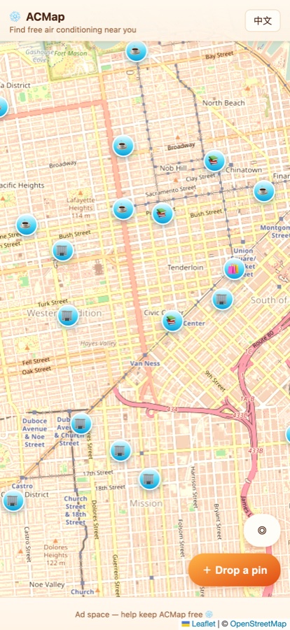 ACMap live map of free cooling spots nearby