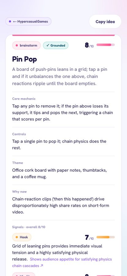 A game idea detail with mechanic, controls and theme