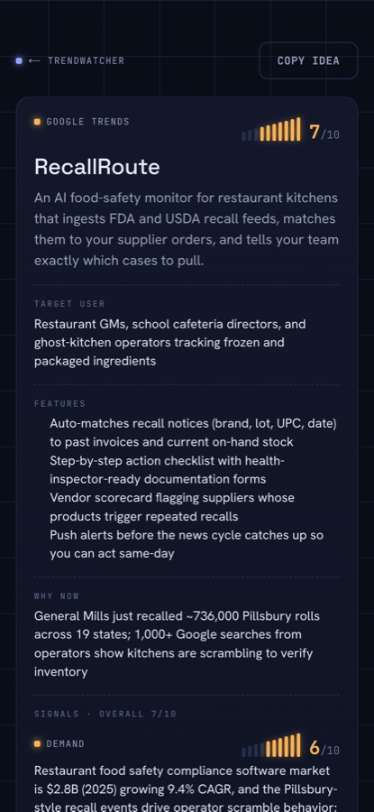 A single TrendWatcher idea with target user, features and why-now