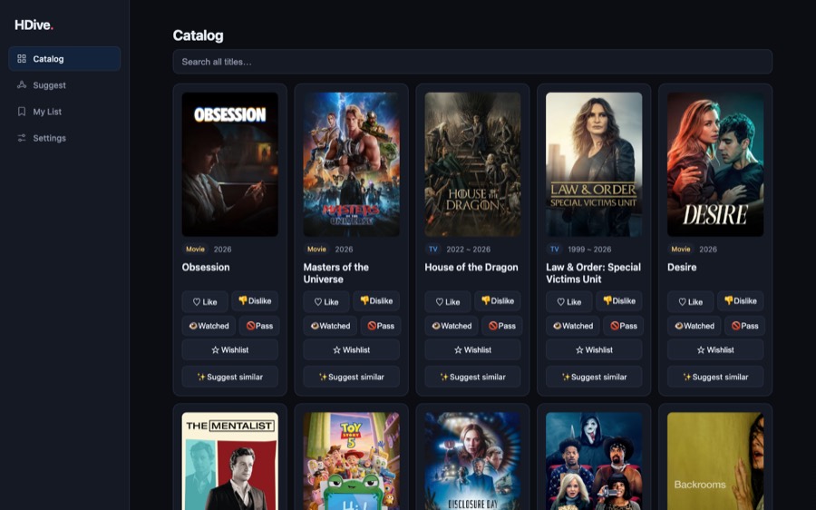 HDive — a catalog of movies and TV shows with like, wishlist and AI suggest-similar actions