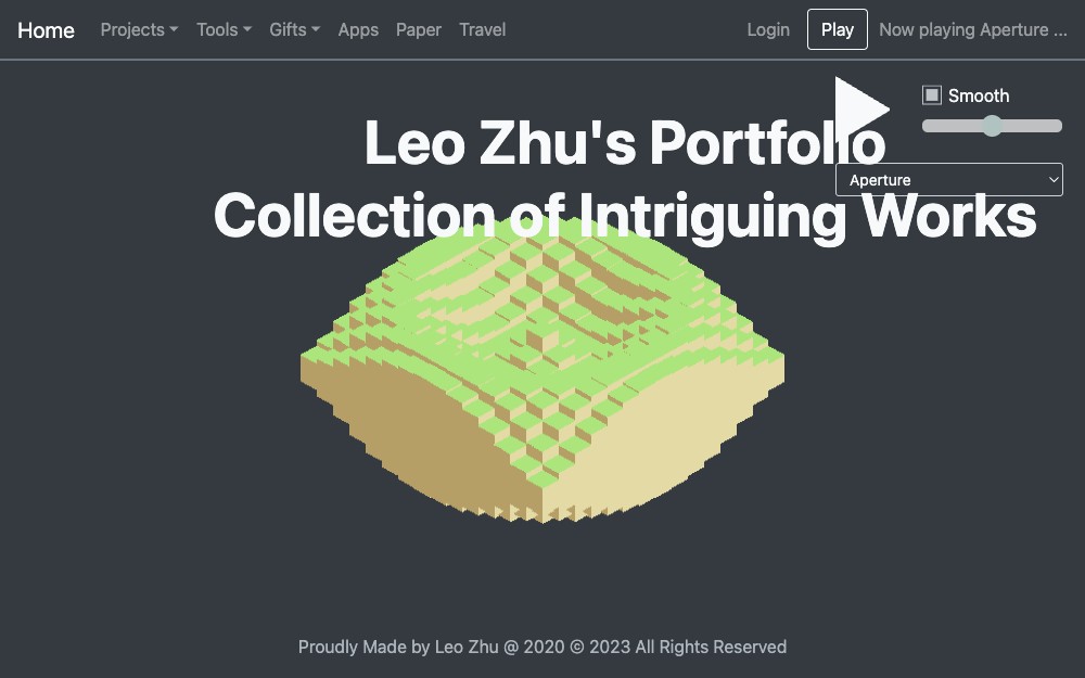 Leo Zhu's Portfolio — the landing page, with a procedurally generated voxel terrain