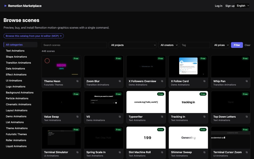 Remotion Marketplace — browse 446 motion-graphics scenes